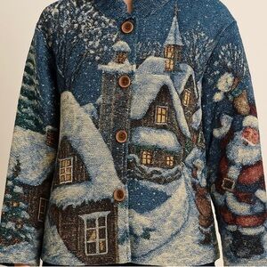 Christmas Tapestry Cardigan Jacket Vintage Santa Sugar Street Weavers Button Up